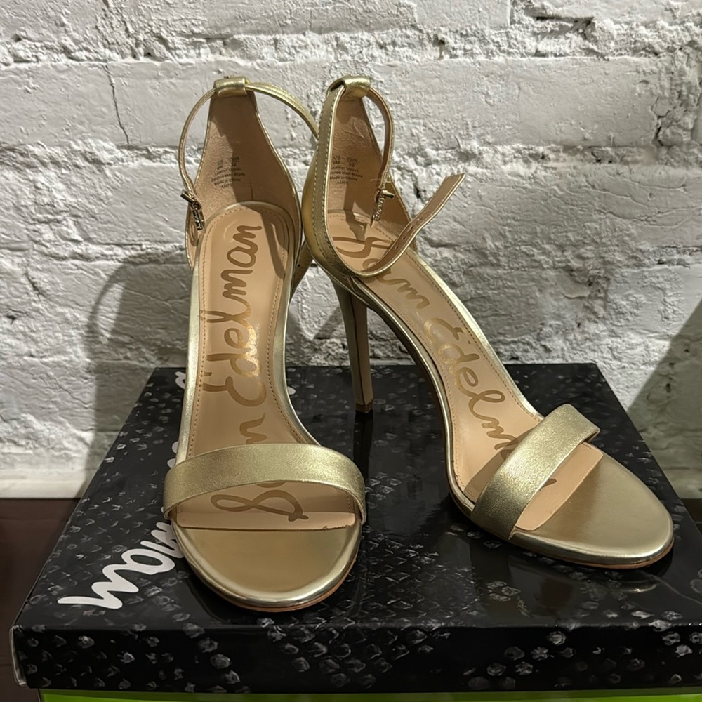Sam Edelman Amee Gold Leather High Stiletto Heeled Sandals Size 9 Ankle Strap
